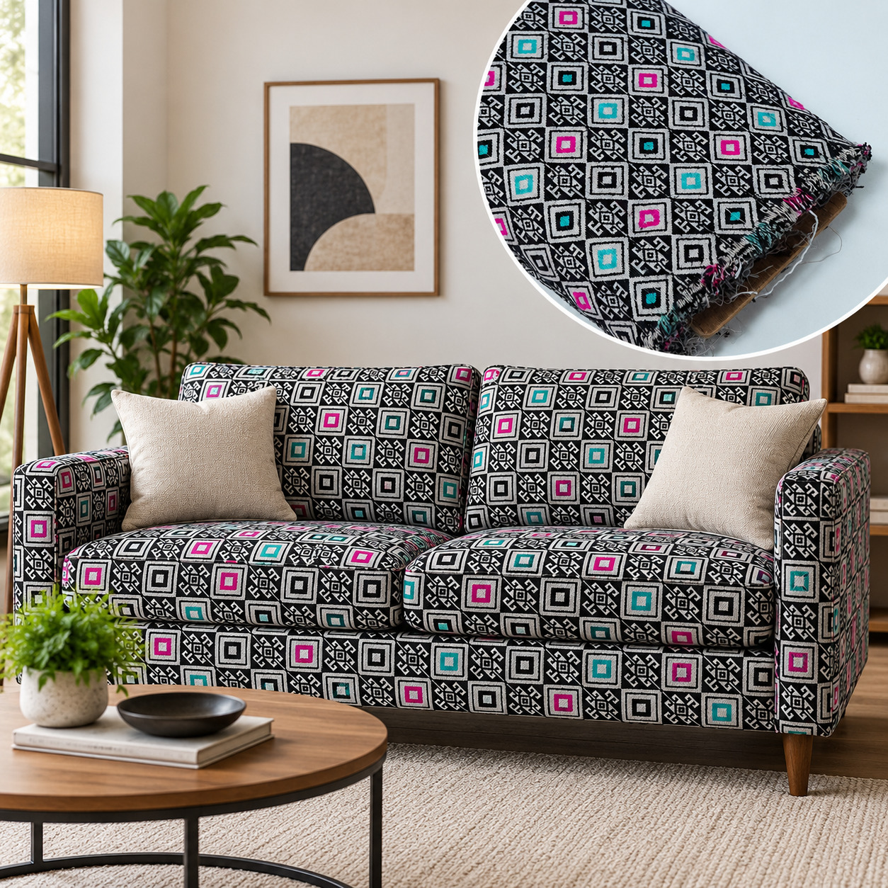 Patterned fabric sofa with geometric upholstery in a modern living room